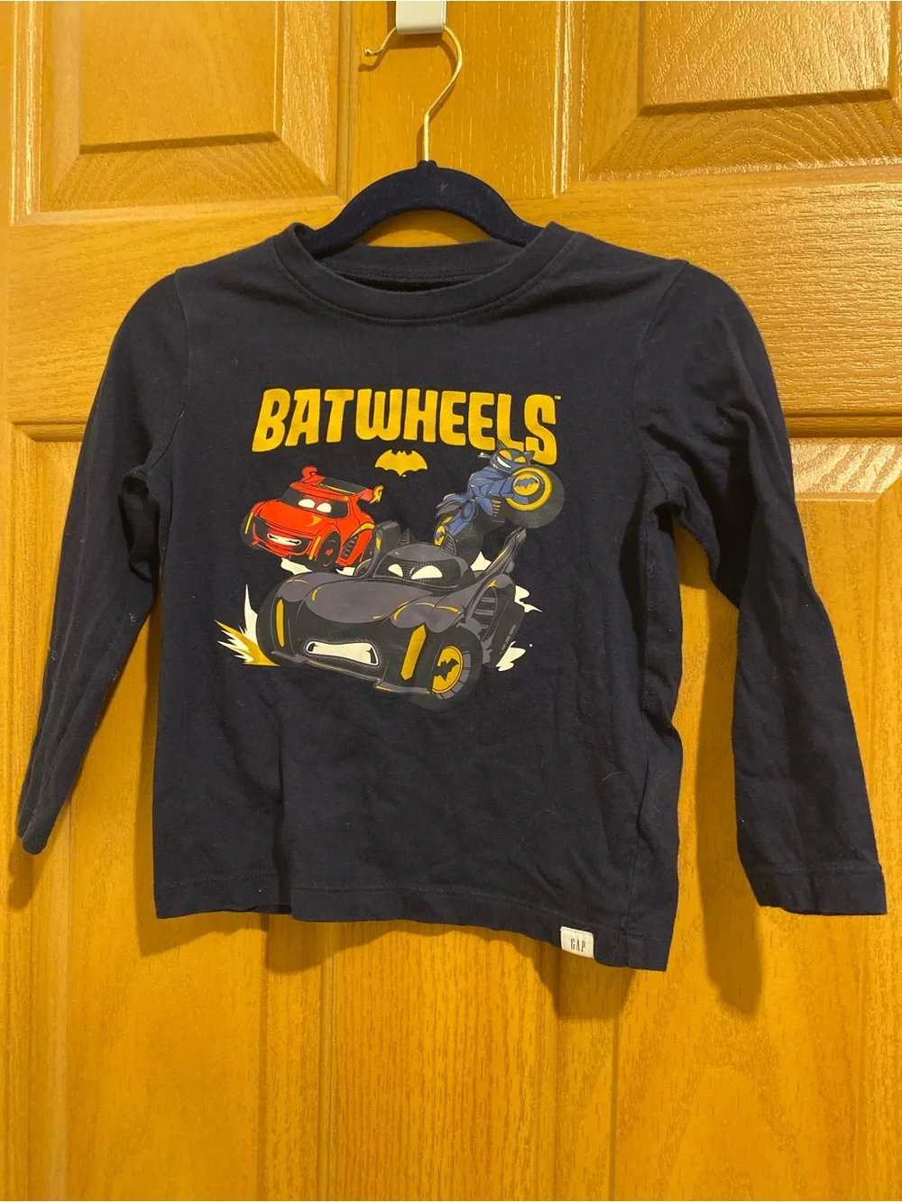 GAP Navy Long Sleeve 'BATWHEELS' Graphic Tee with Yellow Accents